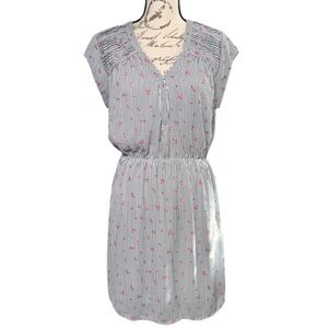 Casual Pinstripe Floral Dress with V-Neck and Elastic Waist